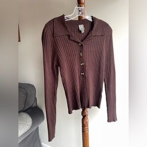 Worthington Chocolate Ribbed Button-Up Sweater